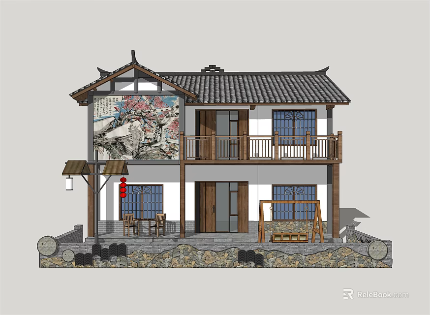 Chinese Style Two Story Detached Villa With Tile Roof Wooden Doors And Courtyard Lanterns 3d model 