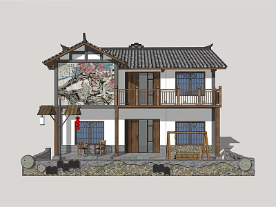 Chinese Style Two Story Detached Villa With Tile Roof Wooden Doors And Courtyard Lanterns 3d model