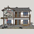 Chinese Style Two Story Detached Villa With Tile Roof Wooden Doors And Courtyard Lanterns