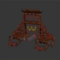 Ancient Medieval Siege Catapult Weapon with Wooden Frame Wheels Chains and Stone Projectile