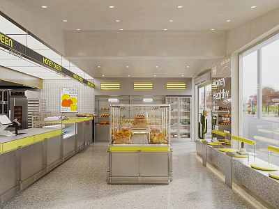 Dessert Shop Interior Featuring Glass Display Cases Fresh Bread Yellow Counter Cashier And Seating Area 3d model