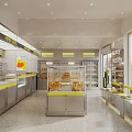 Dessert Shop Interior Featuring Glass Display Cases Fresh Bread Yellow Counter Cashier And Seating Area