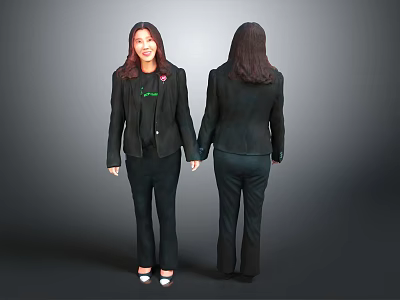 Woman Smiling in Black Blazer and Pants with Front Back View and Green Badge 3d model