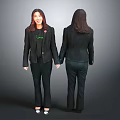 Woman Smiling in Black Blazer and Pants with Front Back View and Green Badge