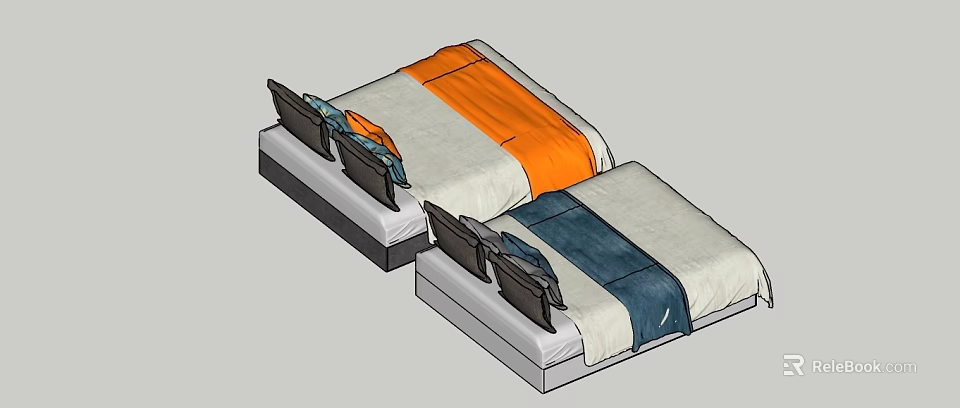 Modern Double Beds With Orange And Blue Bedding And Black Pillows 3d model 