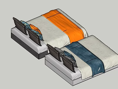 Modern Double Beds With Orange And Blue Bedding And Black Pillows 3d model