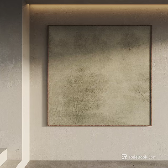 Wall Hanging Painting With Soft Green Tone Tree Patterns And Brown Frame 3d model 