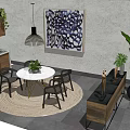 Round White Dining Table Set With Black Chairs Gold Legs Hanging Lamp And Woven Rug