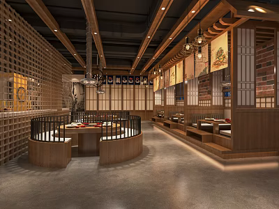 Traditional Restaurant Interior With Wooden Decor Hanging Lanterns And Open Seating 3d model