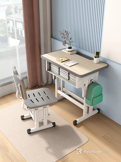 Mobile Kids Study Desk With Gray Chair Storage Books And Green Backpack Hook 3d model 