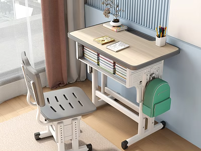 Mobile Kids Study Desk With Gray Chair Storage Books And Green Backpack Hook 3d model