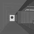 Modern Office Corridor Design With Linear Ceiling Lights Glass Partitions And Circular Decor