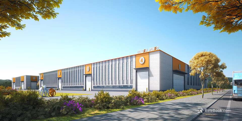 Modern Industrial Factory Building Exterior Design With Orange Gray Steel Structure And Landscaped Gardens 3d model 