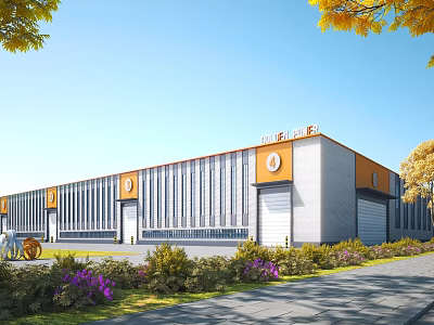 Modern Industrial Factory Building Exterior Design With Orange Gray Steel Structure And Landscaped Gardens 3d model