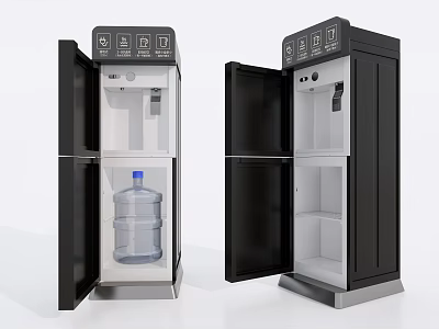 Black Water Dispensers With Open Doors Design One Having Water Bottle And Empty Interior 3d model