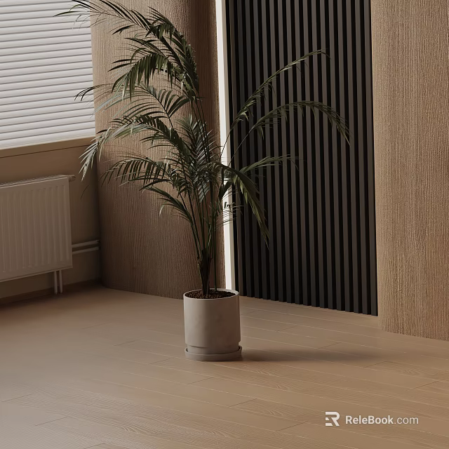 Potted Palm Plant in White Pot with Beige Walls Black Vertical Stripes and Light Floor 3d model 