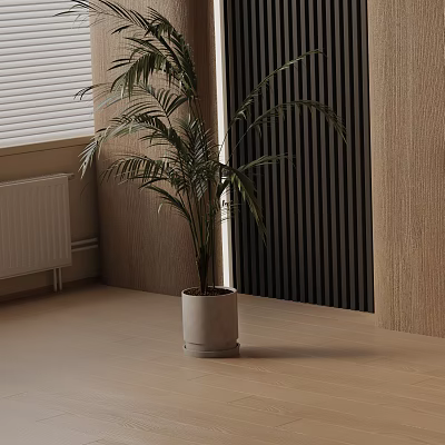 Potted Palm Plant in White Pot with Beige Walls Black Vertical Stripes and Light Floor 3d model