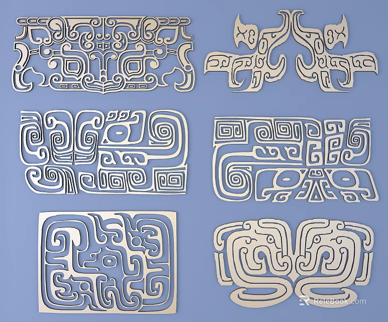 Intricate Carved Decorative Patterns with Symmetrical Motifs and Various Shapes 3d model 