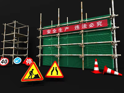 Construction Site Safety Setup With Scaffolding Green Net Warning Signs And Cones 3d model