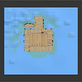 Cartoon Scene Featuring Small Wooden House On Blue Water With Wooden Pier Structure