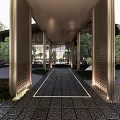 Modern Architectural Facade Featuring Glass Curtain Walls Symmetrical Design Illuminated Entrance And Landscaped Greenery