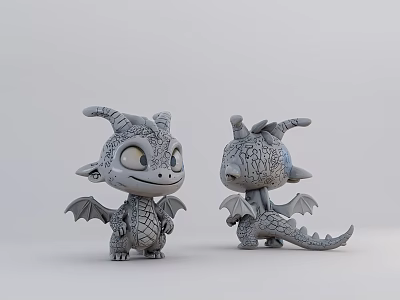 Two Cute Grey Dinosaur Toys With Big Eyes Small Horns Wings And Tail 3d model