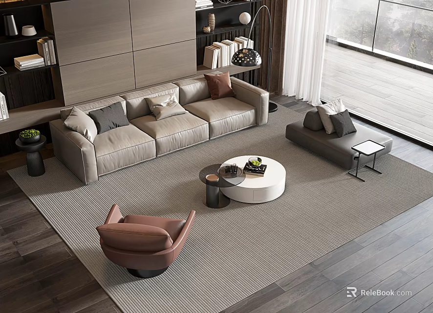 Modern Sofa And Coffee Table Set In Contemporary Living Room With Area Rug And Armchair 3d model 