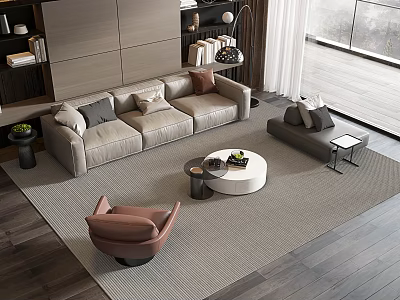Modern Sofa And Coffee Table Set In Contemporary Living Room With Area Rug And Armchair 3d model