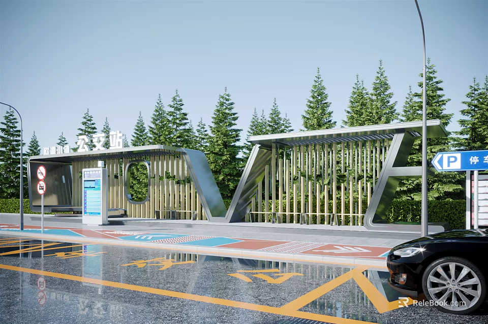 Modern Bus Station With Pine Trees Wooden Shelter Parking Sign And Road Markings 3d model 