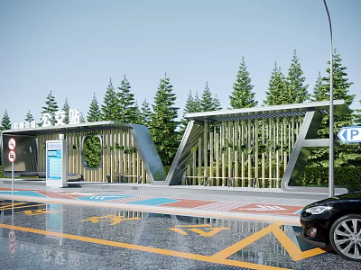 Modern Bus Station With Pine Trees Wooden Shelter Parking Sign And Road Markings 3d model
