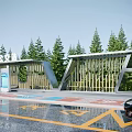 Modern Bus Station With Pine Trees Wooden Shelter Parking Sign And Road Markings