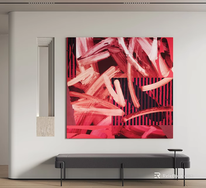 Abstract Wall Art With Red Pink Brush Strokes And Geometric Patterns 3d model