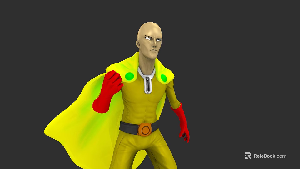 Bald Game And Movie Character With Yellow Costume Red Gloves Yellow Cape And Orange Buckle 3d model 
