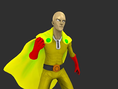 Bald Game And Movie Character With Yellow Costume Red Gloves Yellow Cape And Orange Buckle 3d model