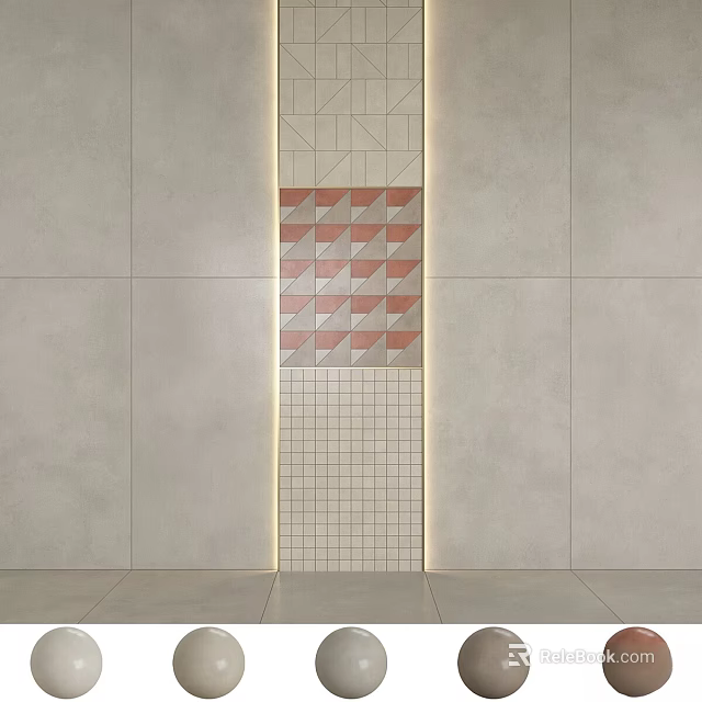 Gray Wall Interior With Red White Geometric Pattern Tiles And Grid Design Lighting Strips 3d model