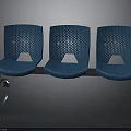Three Connected Blue Perforated Chairs With Metal Frame And Wheels