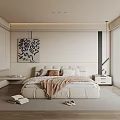 Elegant Modern Bedroom Interior With Large Bed Blanket Decorative Painting Wardrobe And Natural Light