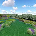 Waterside Landscape Design With Blue Water Green Patches Walking Path And Distant Mountains