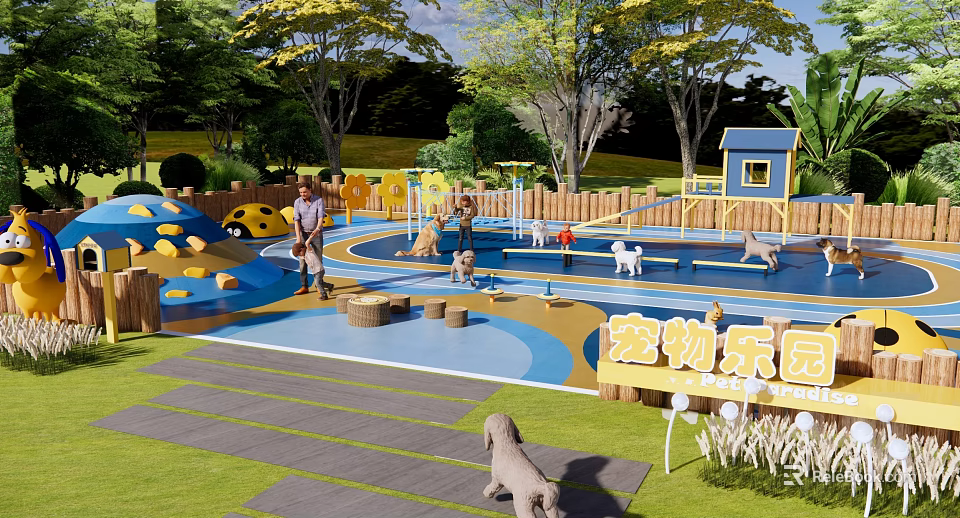 Fun Pet Paradise With Play Structures Lawn Trees And Dogs Playing 3d model 