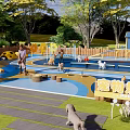 Fun Pet Paradise With Play Structures Lawn Trees And Dogs Playing