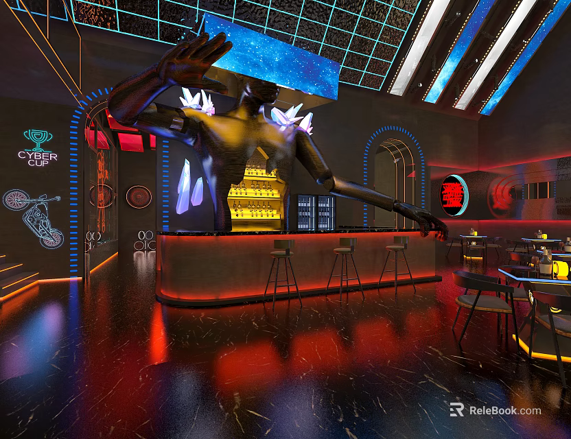 Cyberpunk Themed Bar Interior with Neon Lights Large Robot Statue Bar Counter and Futuristic Decor 3d model 