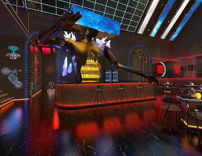 Cyberpunk Themed Bar Interior with Neon Lights Large Robot Statue Bar Counter and Futuristic Decor 3d model