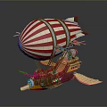 Red And White Striped Airship With Wooden Body Propellers And Wings