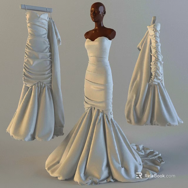 Elegant White Strapless Formal Dresses With Ruffled Long Skirt And Flowy Design 3d model 