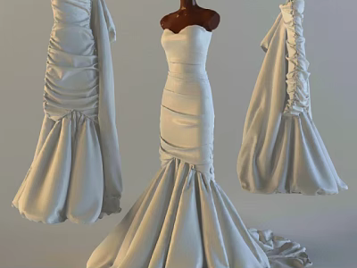 Elegant White Strapless Formal Dresses With Ruffled Long Skirt And Flowy Design 3d model