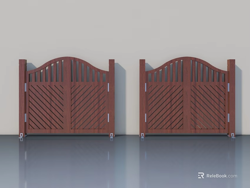 Double Brown Wooden Swing Doors With Crossed Slat Design For Exterior Entrance 3d model 