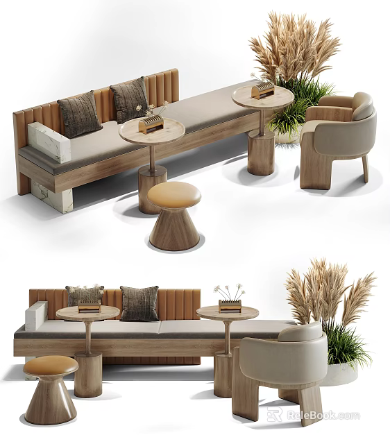 Modern Wooden Public Seating With Cushioned Backrest Round Side Tables And Green Plants 3d model 