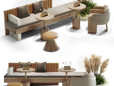 Modern Wooden Public Seating With Cushioned Backrest Round Side Tables And Green Plants 3d model