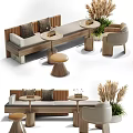 Modern Wooden Public Seating With Cushioned Backrest Round Side Tables And Green Plants