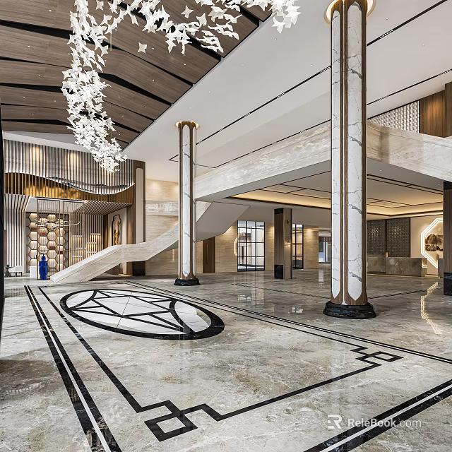 Hotel Lobby Modern Design With Grand Chandelier Marble Columns And Geometric Floor 3d model 